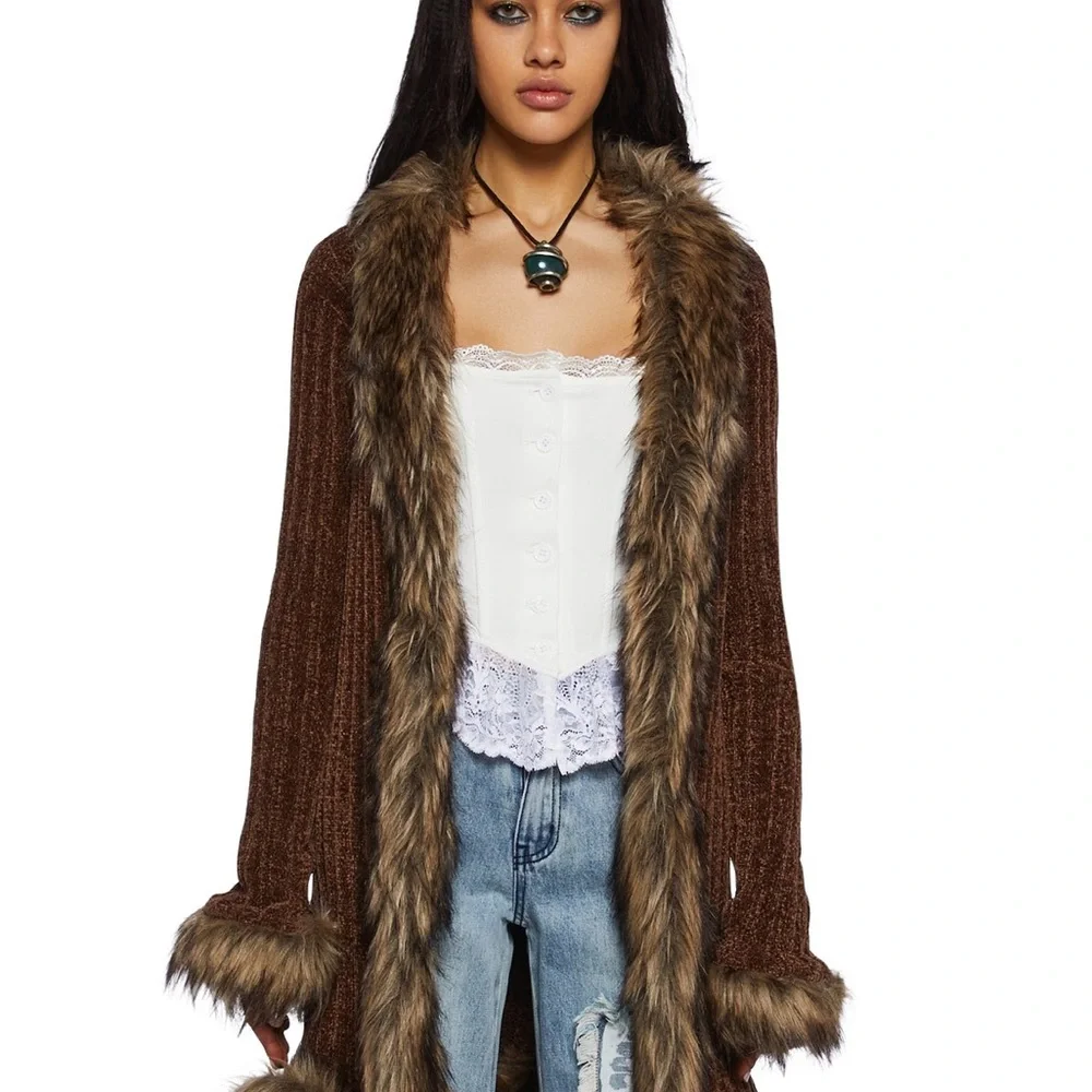 Furry foe long cardigan-brown sz xtra small - Picture 5 of 8